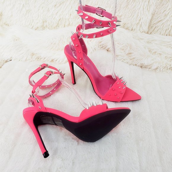 Hot Pink Spike Stud Double Strap High Heel Shoes - Picture 8 of 16